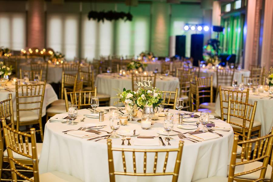 Green, White and Gold Decorated Wedding reception in Weaver Room at Proximity Hotel