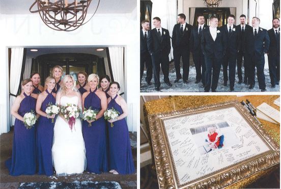 Left: Bride and Bridesmaids, Upper Right, Groom and Groomsmen, Lower right: guest comment picture frame