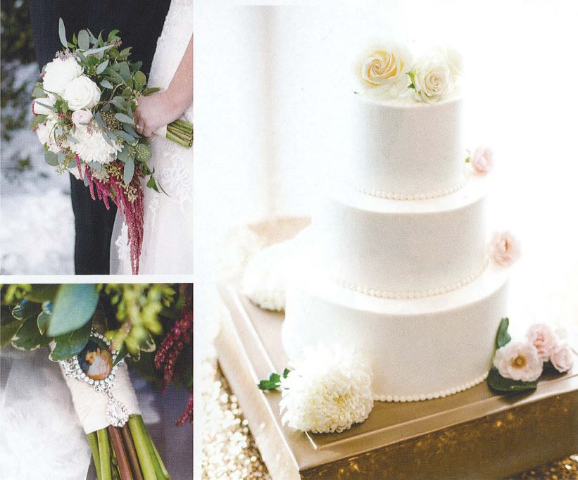 Upper Left: White Bridal Bouquet, Lower Left: Bridal bouet with picture, Right: White wedding cake