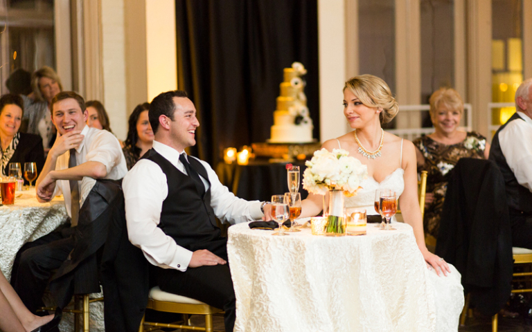 Gatsby Winter Wedding at Proximity Hotel, Bride and Groom at Reception