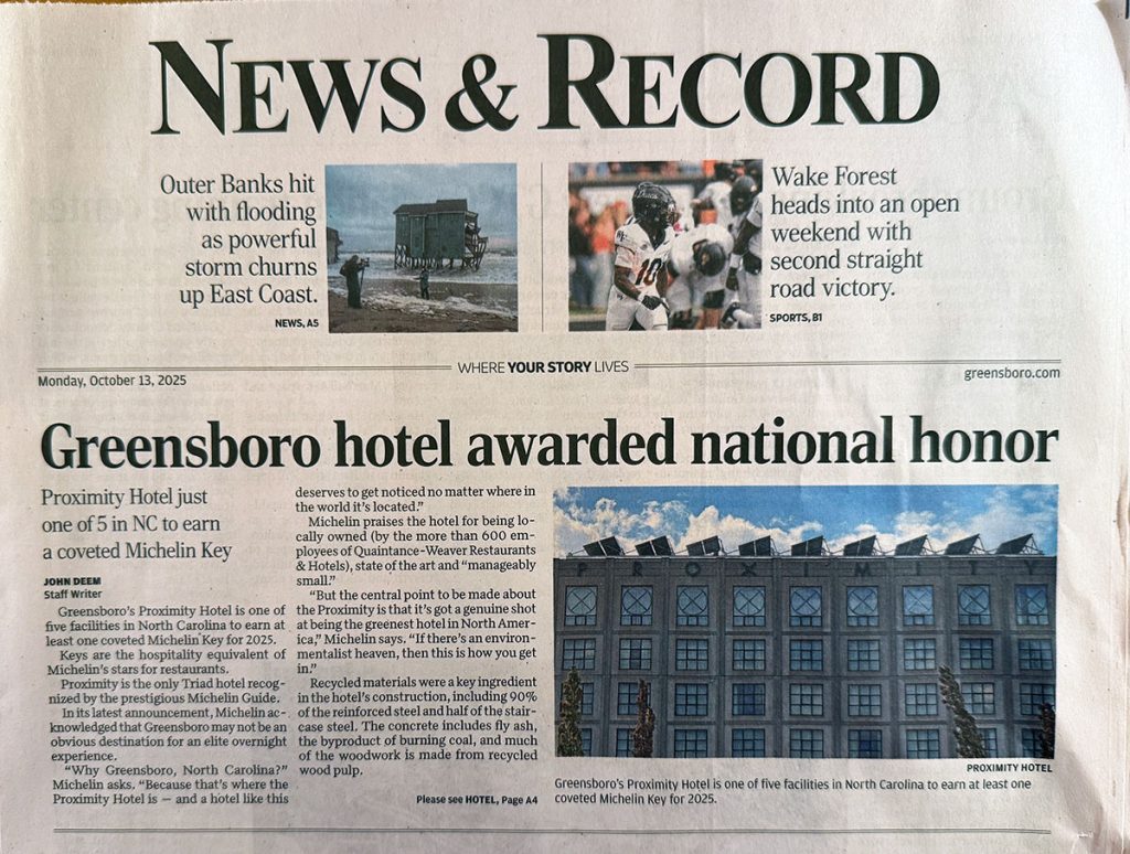 Proximity Hotel receives Michelin Key. Image of picture of News and Record cover article published Oct. 13, 2025.