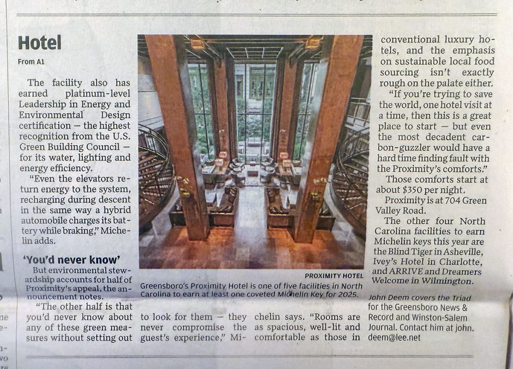 Proximity Hotel receives Michelin Key. Image of picture of News and Record cover article that was continued on another page - published Oct. 13, 2025.