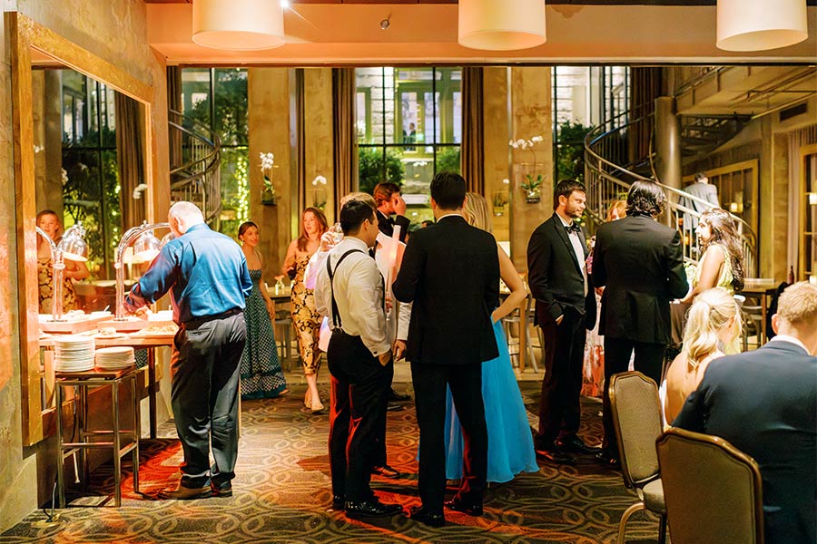 White Oak is our second largest event room at 1,821 square feet and accommodates up to 125 for a reception and 108 for a sit-down dinner. It features 11-foot ceilings, opens into the Social Lobby of the hotel and can be divided into multiple configurations. Guests enjoyed passed appetizers including flatbreads with a selection of cheeses and pepperoni, as well as chicken schnitzel sliders with chef-selected toppings.