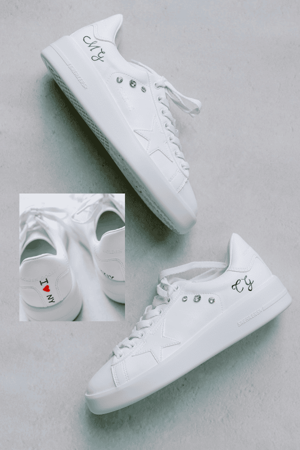 Custom shoes adorned with Carolina and Matthews initials on the side and I heart NY on the heel.