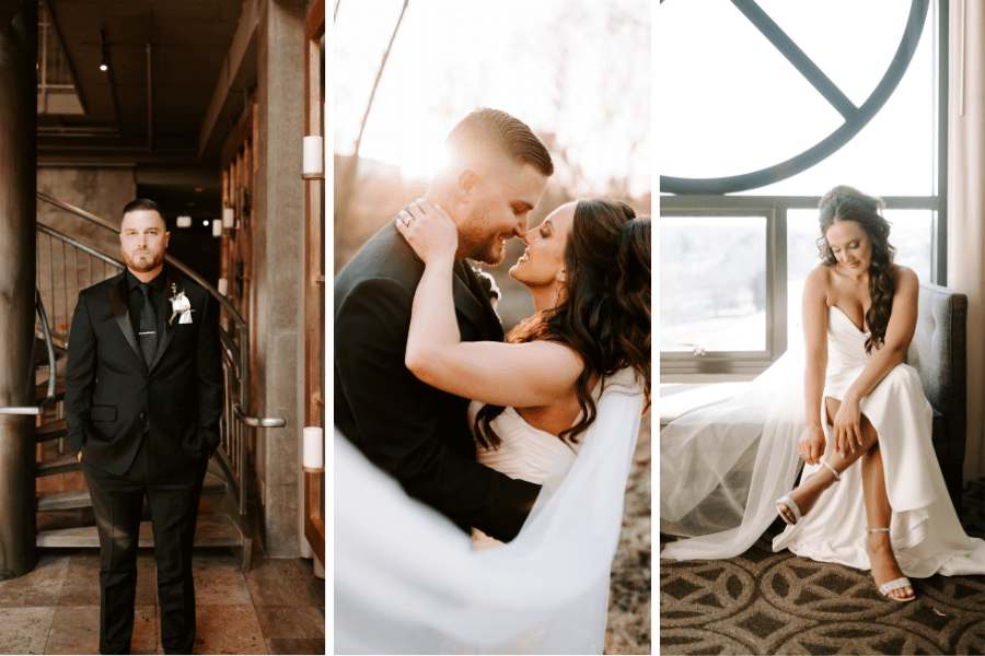 Rachel & Mark - Photos by Jordan Vines | Vines Studios Collage of wedding moments: groom waiting, couple kissing, and bride preparing to walk down the aisle.
