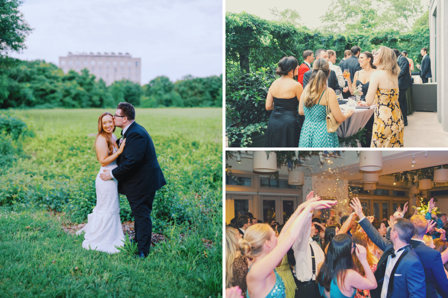 Wedding Celebration Collage | Left: the a Bride and Groom portrait in the meadow with Proximity Hotel in the background. Right Top: guests having cocktails outside on the Revolution Room patio. Right Bottom: the guests are dancing as the confetti cannon goes off.