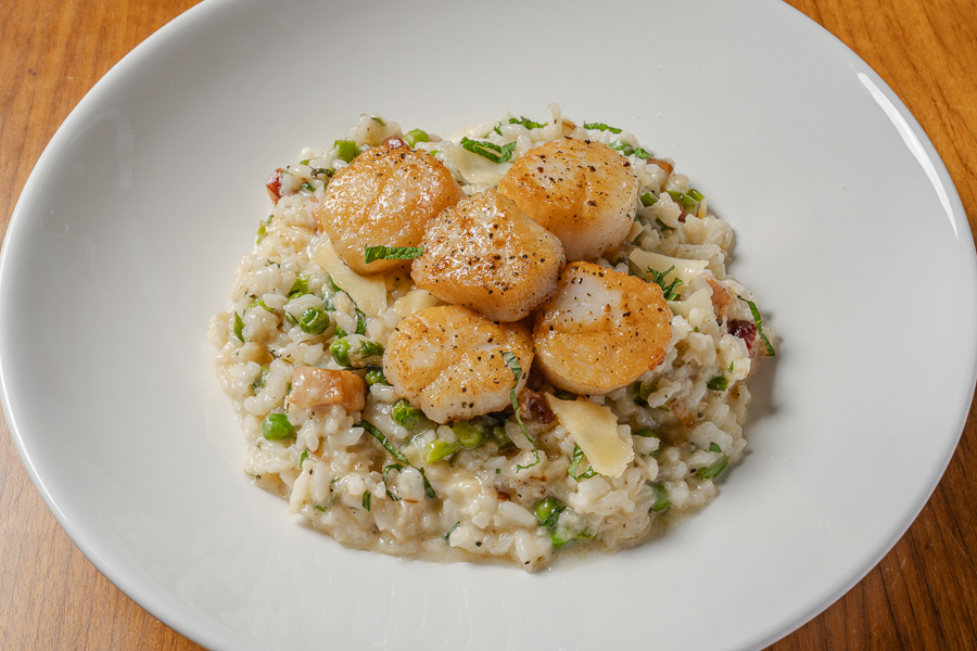 PAN SEARED SCALLOP RISOTTO, bacon lardons, peas, asparagus, mint, Prima Donna